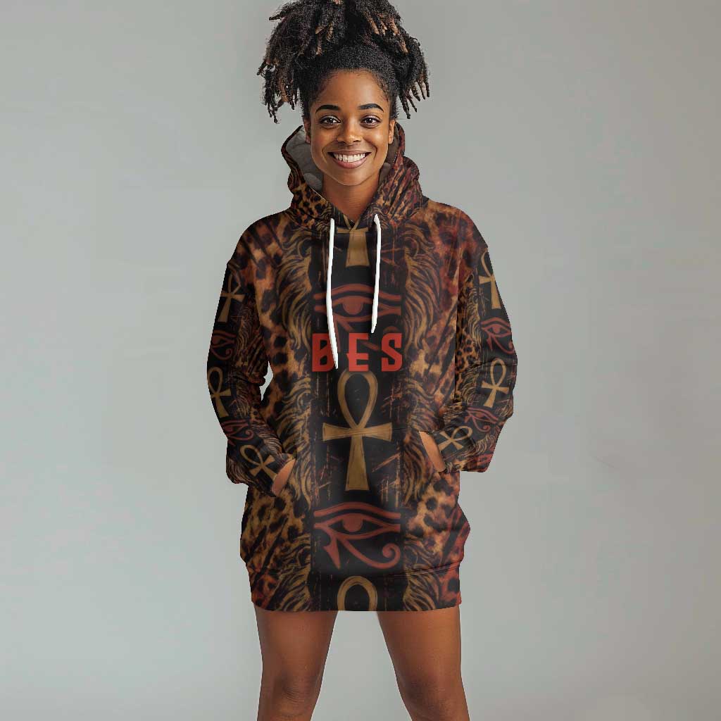 Bes Ancient Egyptian Hoodie Dress with Leopard Print Ankh and Eye of Horus Egyptian Deity Tribute - Wonder Print Shop