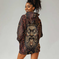 Bes Ancient Egyptian Hoodie Dress with Leopard Print Ankh and Eye of Horus Egyptian Deity Tribute - Wonder Print Shop
