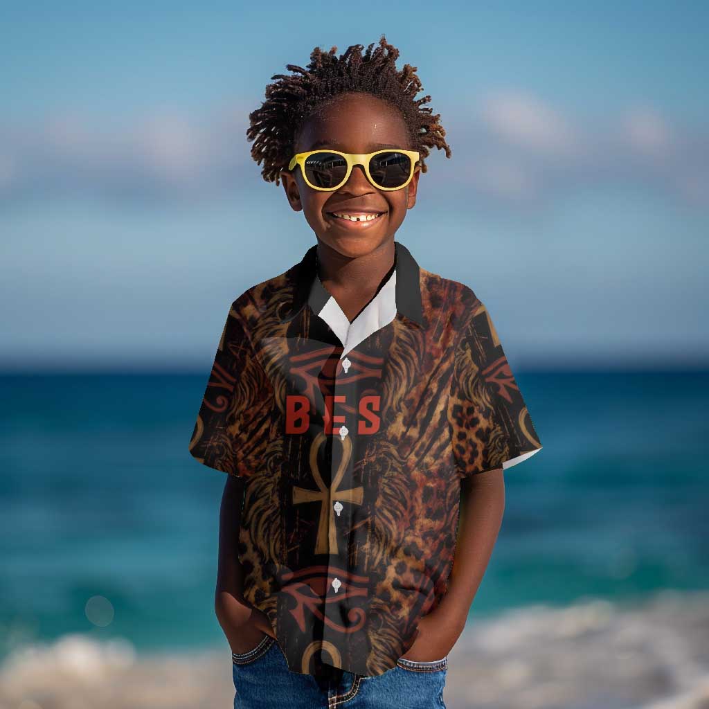 Bes Ancient Egyptian Kid Hawaiian Shirt with Leopard Print Ankh and Eye of Horus Egyptian Deity Tribute - Wonder Print Shop