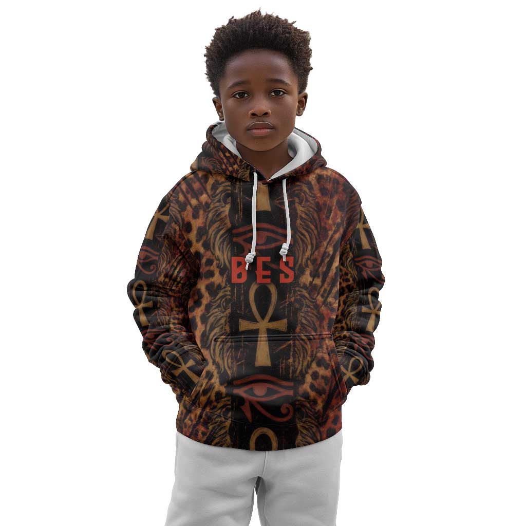 Bes Ancient Egyptian Kid Hoodie with Leopard Print Ankh and Eye of Horus Egyptian Deity Tribute - Wonder Print Shop
