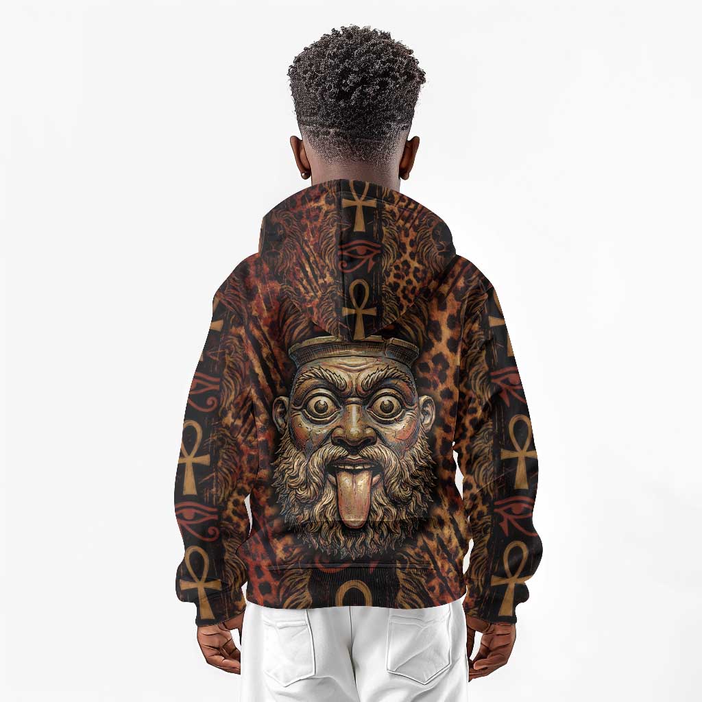 Bes Ancient Egyptian Kid Hoodie with Leopard Print Ankh and Eye of Horus Egyptian Deity Tribute - Wonder Print Shop