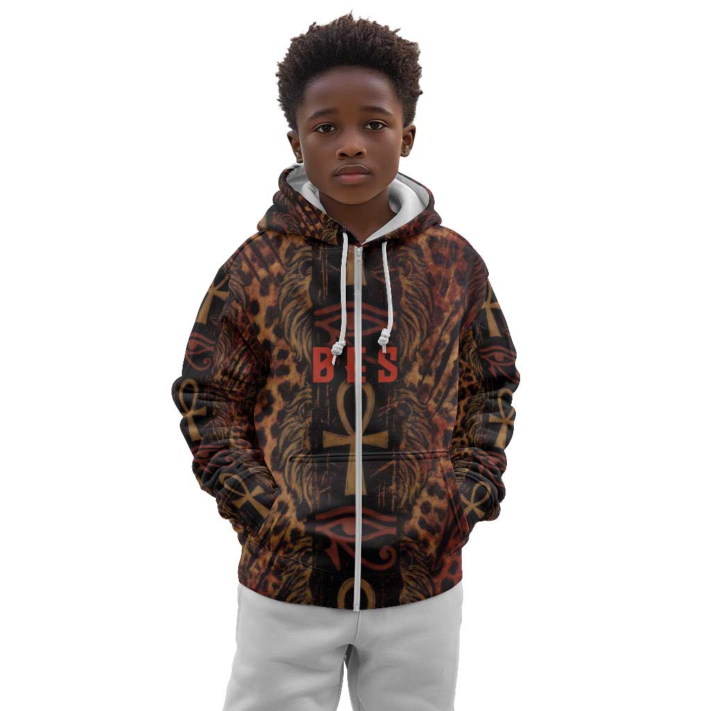 Bes Ancient Egyptian Kid Hoodie with Leopard Print Ankh and Eye of Horus Egyptian Deity Tribute - Wonder Print Shop