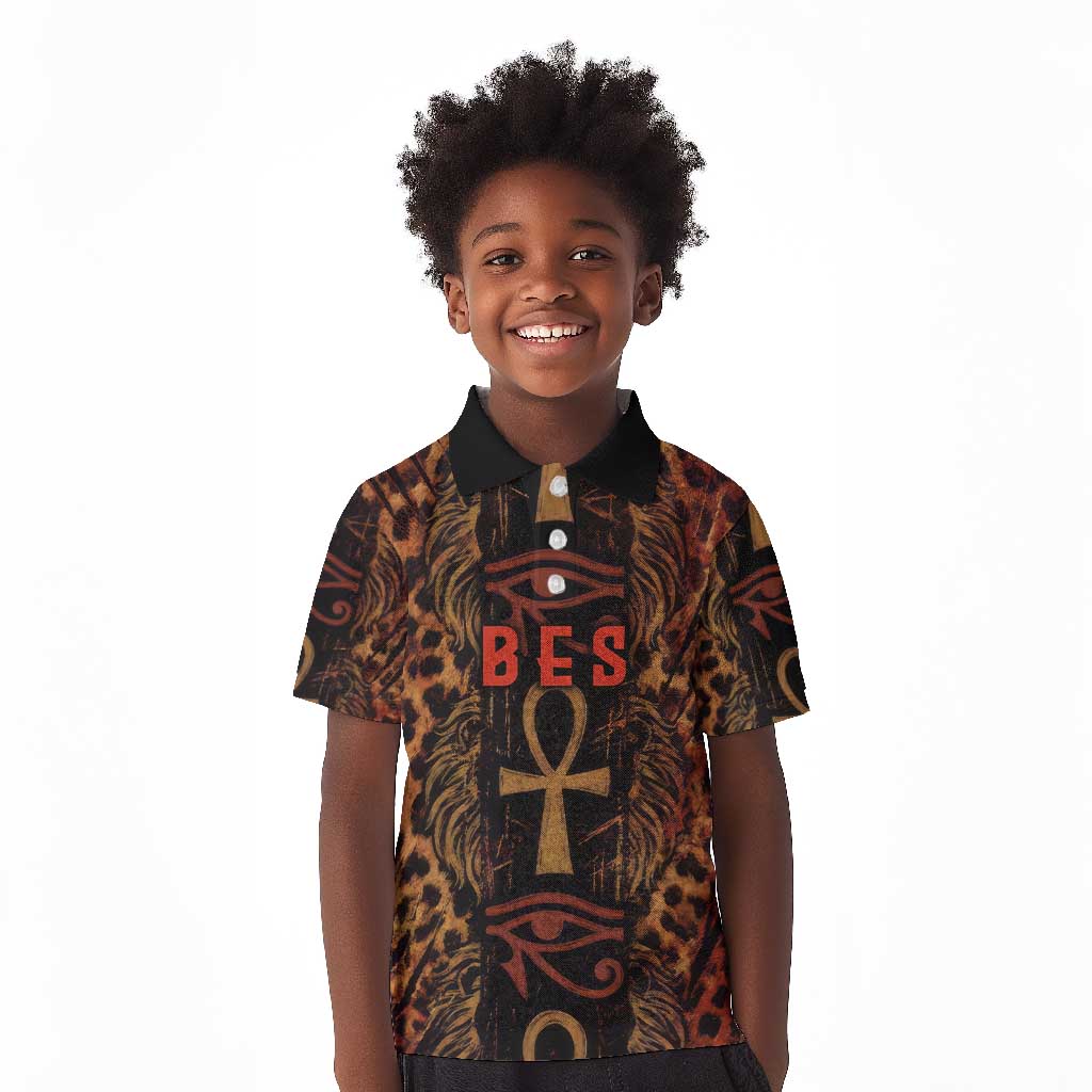 Bes Ancient Egyptian Kid Polo Shirt with Leopard Print Ankh and Eye of Horus Egyptian Deity Tribute - Wonder Print Shop