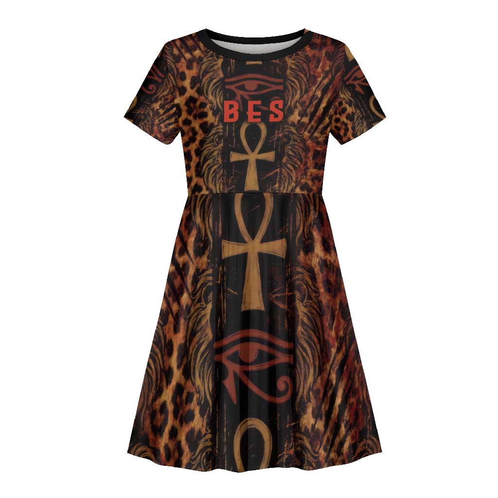 Bes Ancient Egyptian Kid Short Sleeve Dress with Leopard Print Ankh and Eye of Horus Egyptian Deity Tribute - Wonder Print Shop