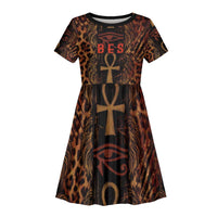 Bes Ancient Egyptian Kid Short Sleeve Dress with Leopard Print Ankh and Eye of Horus Egyptian Deity Tribute - Wonder Print Shop