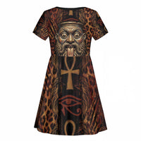 Bes Ancient Egyptian Kid Short Sleeve Dress with Leopard Print Ankh and Eye of Horus Egyptian Deity Tribute - Wonder Print Shop