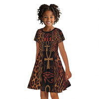 Bes Ancient Egyptian Kid Short Sleeve Dress with Leopard Print Ankh and Eye of Horus Egyptian Deity Tribute - Wonder Print Shop