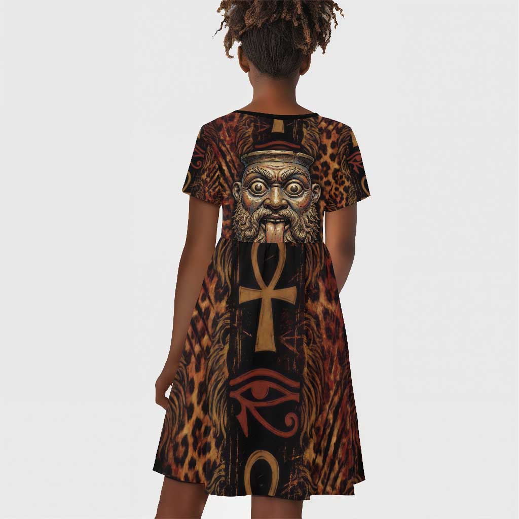 Bes Ancient Egyptian Kid Short Sleeve Dress with Leopard Print Ankh and Eye of Horus Egyptian Deity Tribute - Wonder Print Shop