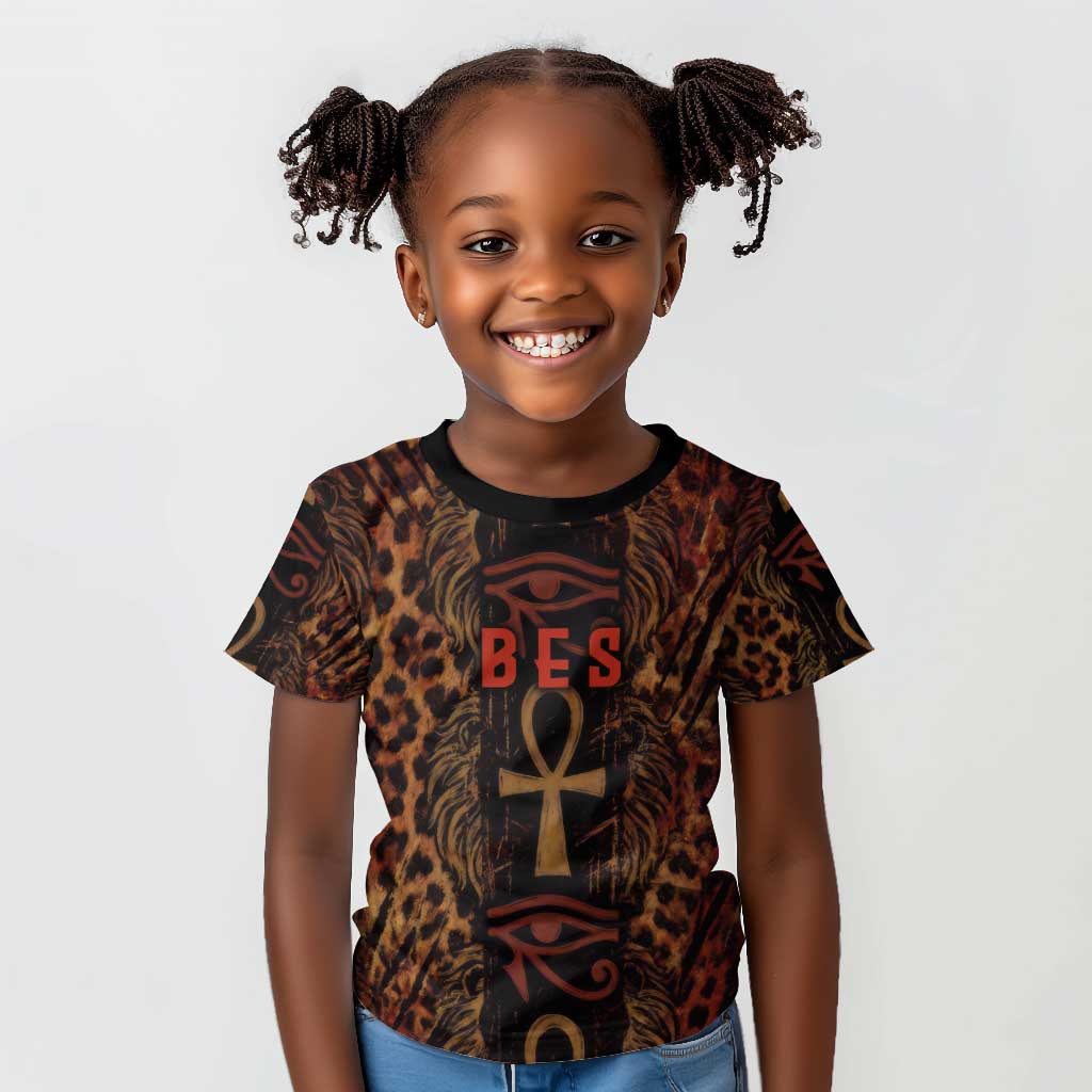 Bes Ancient Egyptian Kid T shirt with Leopard Print Ankh and Eye of Horus Egyptian Deity Tribute - Wonder Print Shop