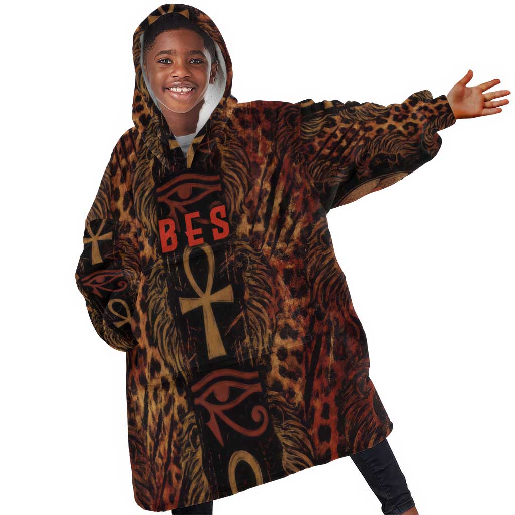 Bes Ancient Egyptian Kid Wearable Blanket Hoodie with Leopard Print Ankh and Eye of Horus Egyptian Deity Tribute - Wonder Print Shop