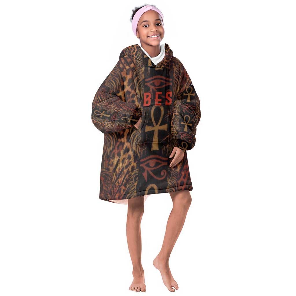 Bes Ancient Egyptian Kid Wearable Blanket Hoodie with Leopard Print Ankh and Eye of Horus Egyptian Deity Tribute - Wonder Print Shop