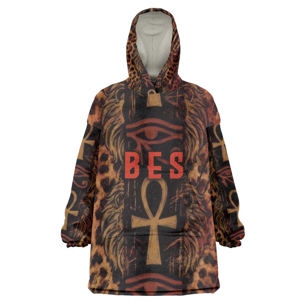 Bes Ancient Egyptian Kid Wearable Blanket Hoodie with Leopard Print Ankh and Eye of Horus Egyptian Deity Tribute - Wonder Print Shop