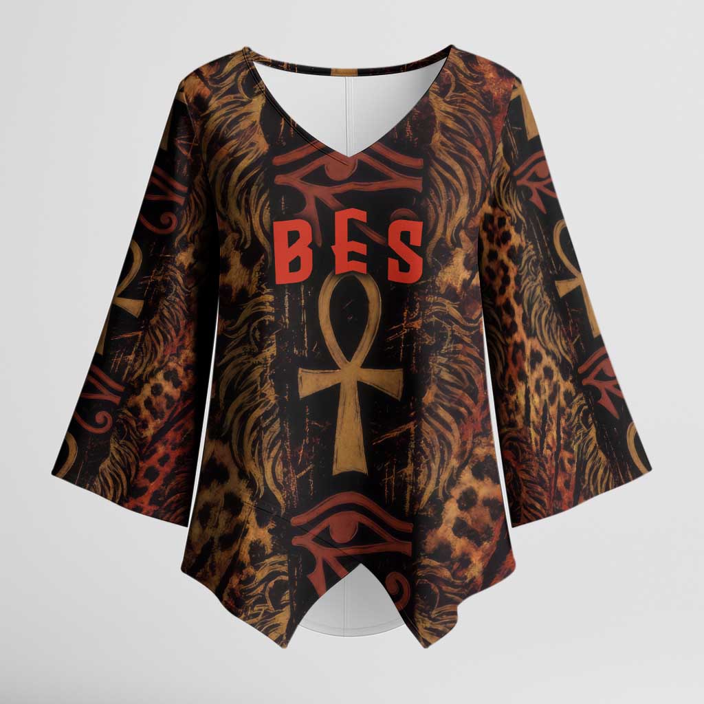 Bes Ancient Egyptian Kimono Sleeve Blouse with Leopard Print Ankh and Eye of Horus Egyptian Deity Tribute - Wonder Print Shop