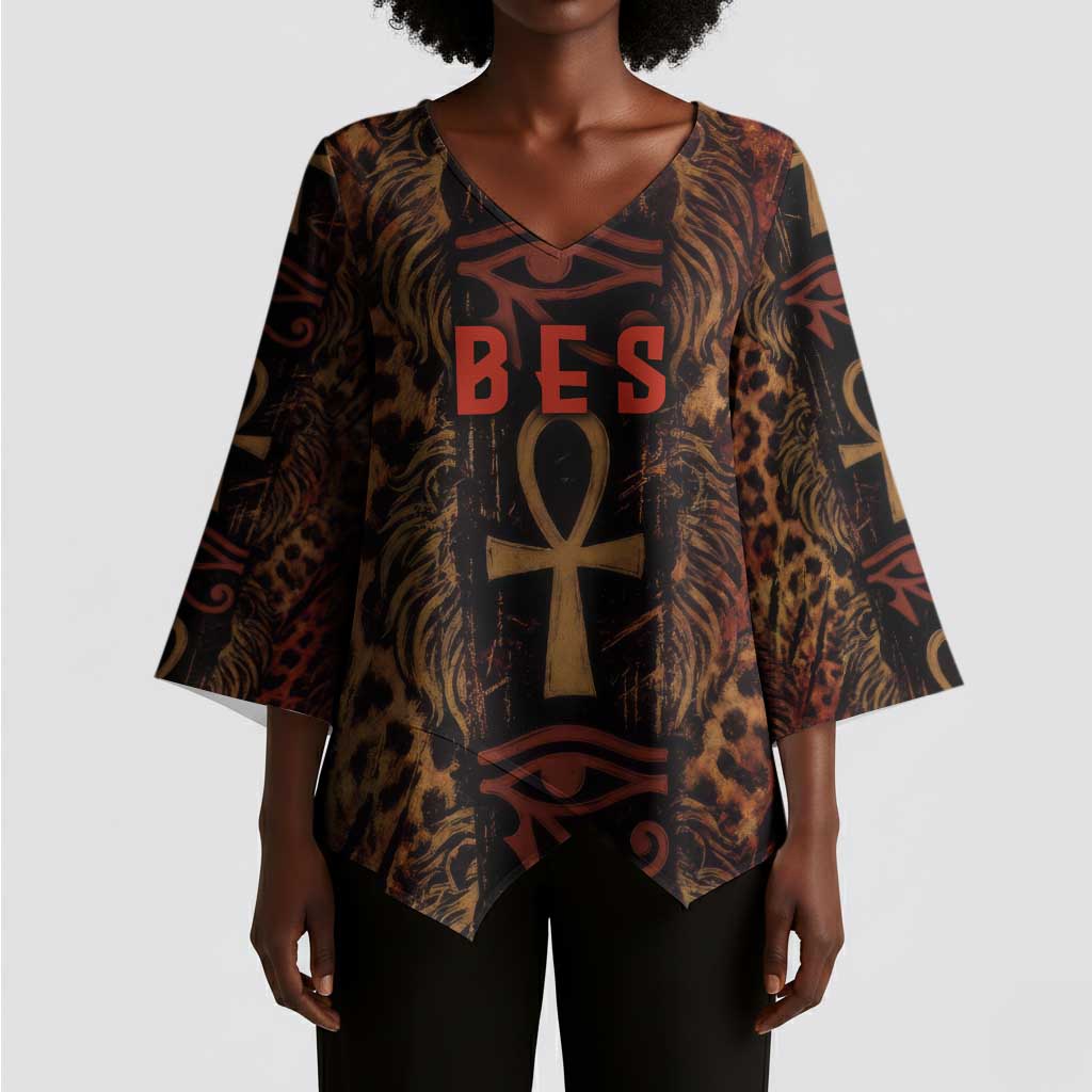 Bes Ancient Egyptian Kimono Sleeve Blouse with Leopard Print Ankh and Eye of Horus Egyptian Deity Tribute - Wonder Print Shop