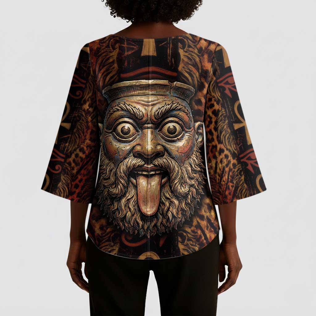 Bes Ancient Egyptian Kimono Sleeve Blouse with Leopard Print Ankh and Eye of Horus Egyptian Deity Tribute - Wonder Print Shop