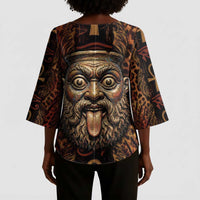 Bes Ancient Egyptian Kimono Sleeve Blouse with Leopard Print Ankh and Eye of Horus Egyptian Deity Tribute - Wonder Print Shop