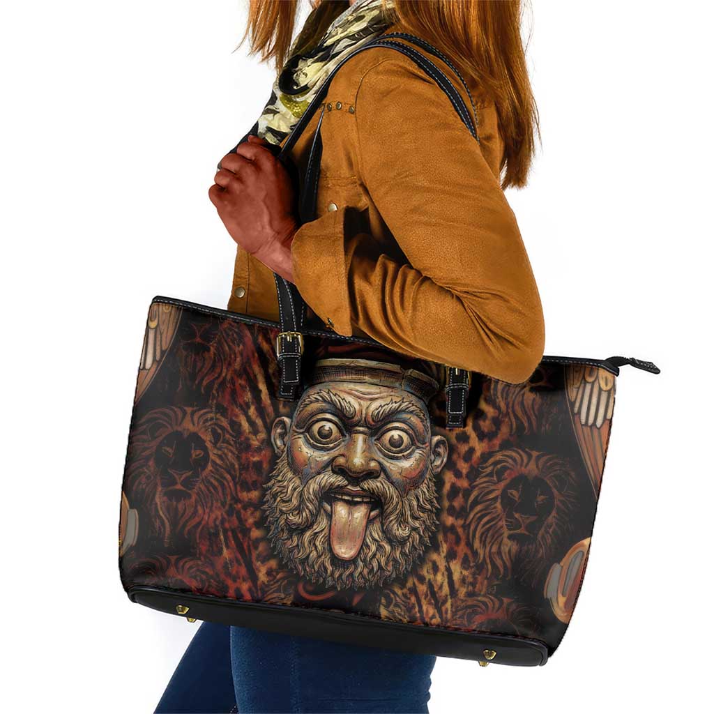 Bes Ancient Egyptian Leather Tote Bag with Leopard Print Ankh and Eye of Horus Egyptian Deity Tribute - Wonder Print Shop