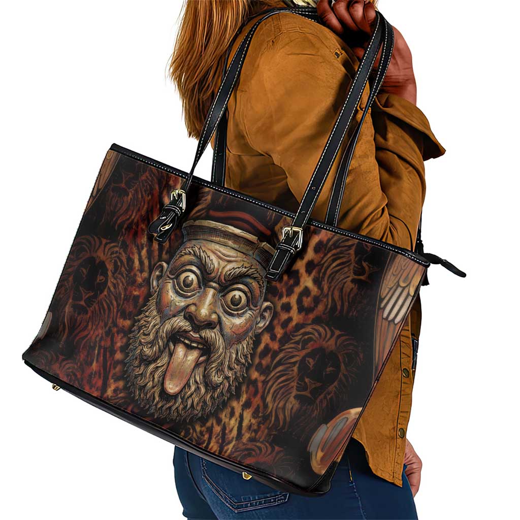 Bes Ancient Egyptian Leather Tote Bag with Leopard Print Ankh and Eye of Horus Egyptian Deity Tribute - Wonder Print Shop