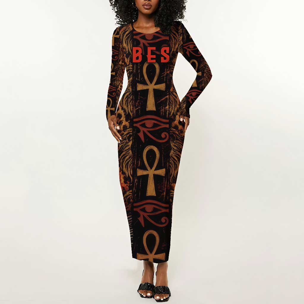 Bes Ancient Egyptian Long Sleeve Bodycon Dress with Leopard Print Ankh and Eye of Horus Egyptian Deity Tribute - Wonder Print Shop