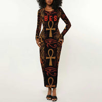 Bes Ancient Egyptian Long Sleeve Bodycon Dress with Leopard Print Ankh and Eye of Horus Egyptian Deity Tribute - Wonder Print Shop