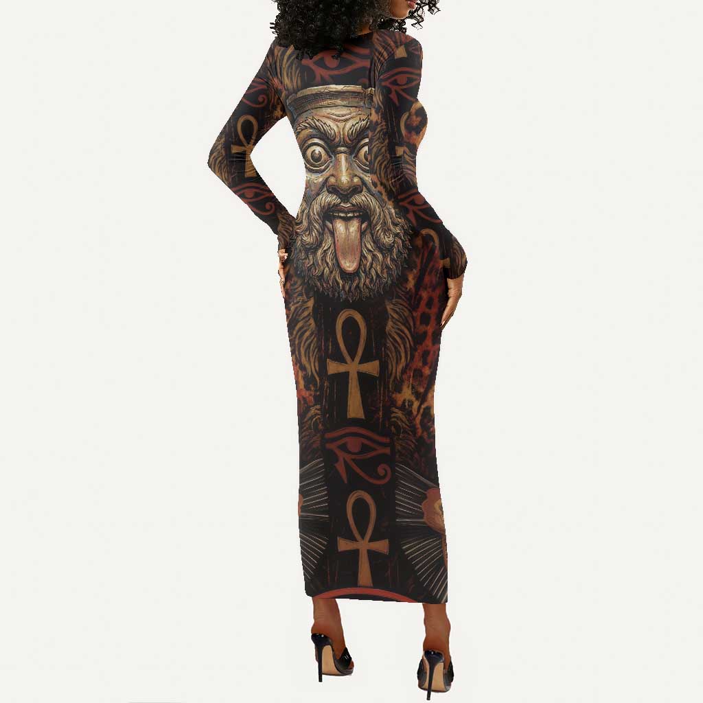 Bes Ancient Egyptian Long Sleeve Bodycon Dress with Leopard Print Ankh and Eye of Horus Egyptian Deity Tribute - Wonder Print Shop