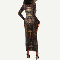 Bes Ancient Egyptian Long Sleeve Bodycon Dress with Leopard Print Ankh and Eye of Horus Egyptian Deity Tribute - Wonder Print Shop