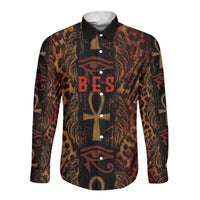 Bes Ancient Egyptian Long Sleeve Button Shirt with Leopard Print Ankh and Eye of Horus Egyptian Deity Tribute - Wonder Print Shop