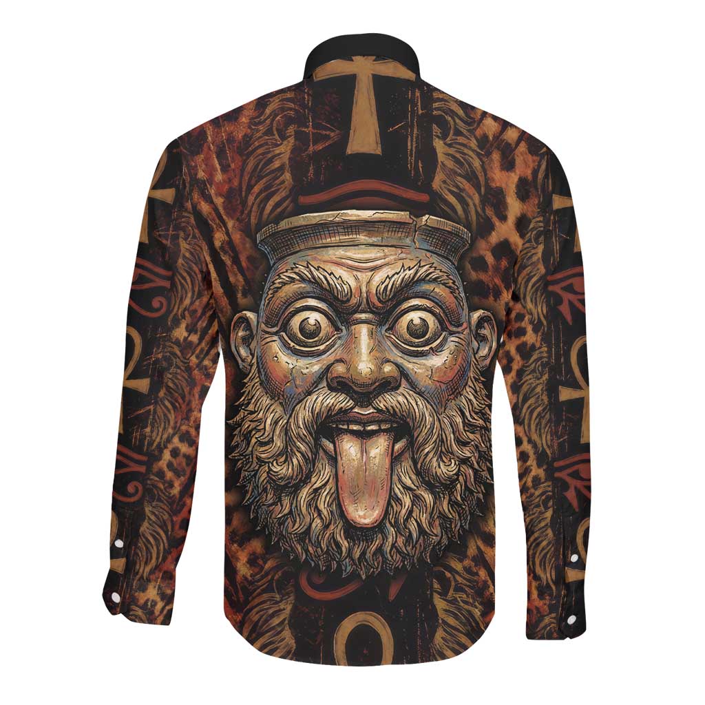 Bes Ancient Egyptian Long Sleeve Button Shirt with Leopard Print Ankh and Eye of Horus Egyptian Deity Tribute - Wonder Print Shop