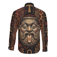 Bes Ancient Egyptian Long Sleeve Button Shirt with Leopard Print Ankh and Eye of Horus Egyptian Deity Tribute - Wonder Print Shop