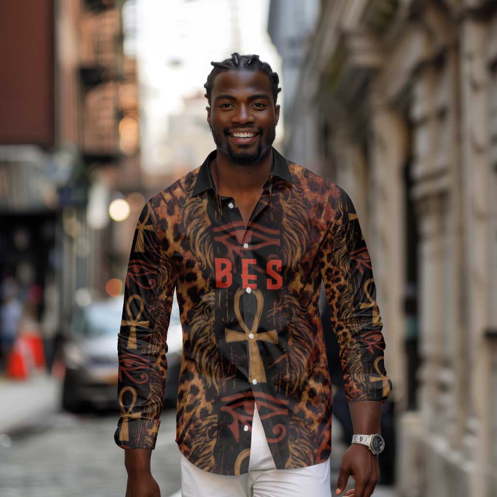 Bes Ancient Egyptian Long Sleeve Button Shirt with Leopard Print Ankh and Eye of Horus Egyptian Deity Tribute - Wonder Print Shop