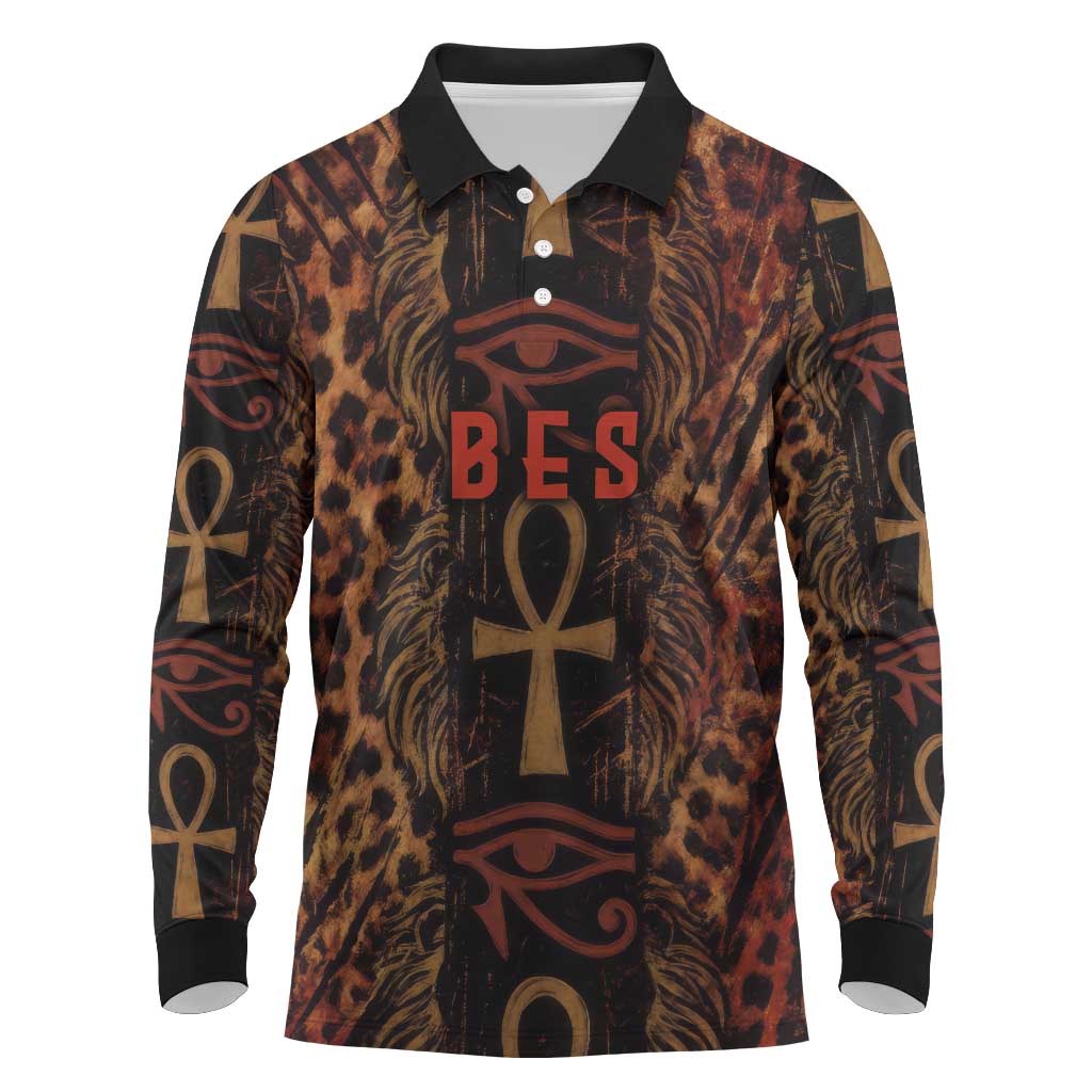 Bes Ancient Egyptian Long Sleeve Polo Shirt with Leopard Print Ankh and Eye of Horus Egyptian Deity Tribute - Wonder Print Shop
