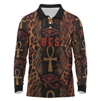 Bes Ancient Egyptian Long Sleeve Polo Shirt with Leopard Print Ankh and Eye of Horus Egyptian Deity Tribute - Wonder Print Shop
