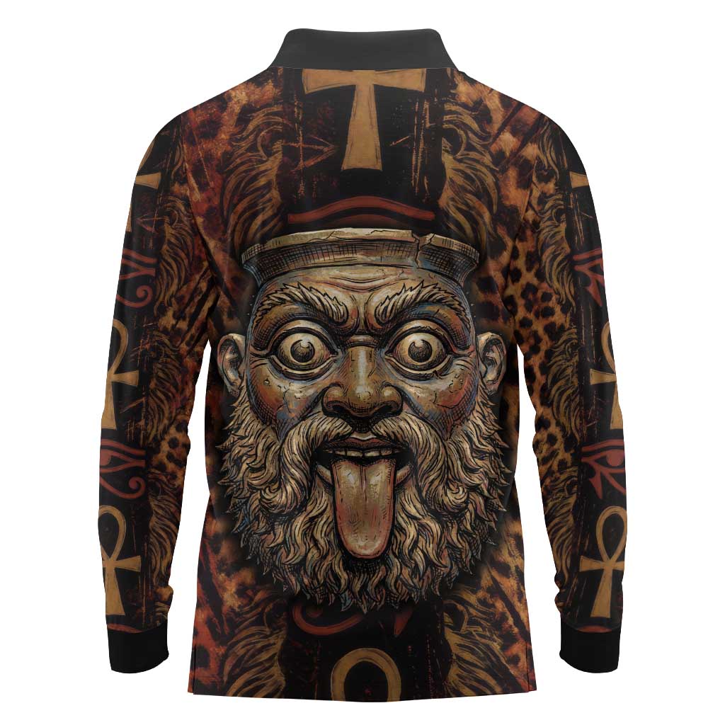 Bes Ancient Egyptian Long Sleeve Polo Shirt with Leopard Print Ankh and Eye of Horus Egyptian Deity Tribute - Wonder Print Shop
