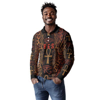 Bes Ancient Egyptian Long Sleeve Polo Shirt with Leopard Print Ankh and Eye of Horus Egyptian Deity Tribute - Wonder Print Shop