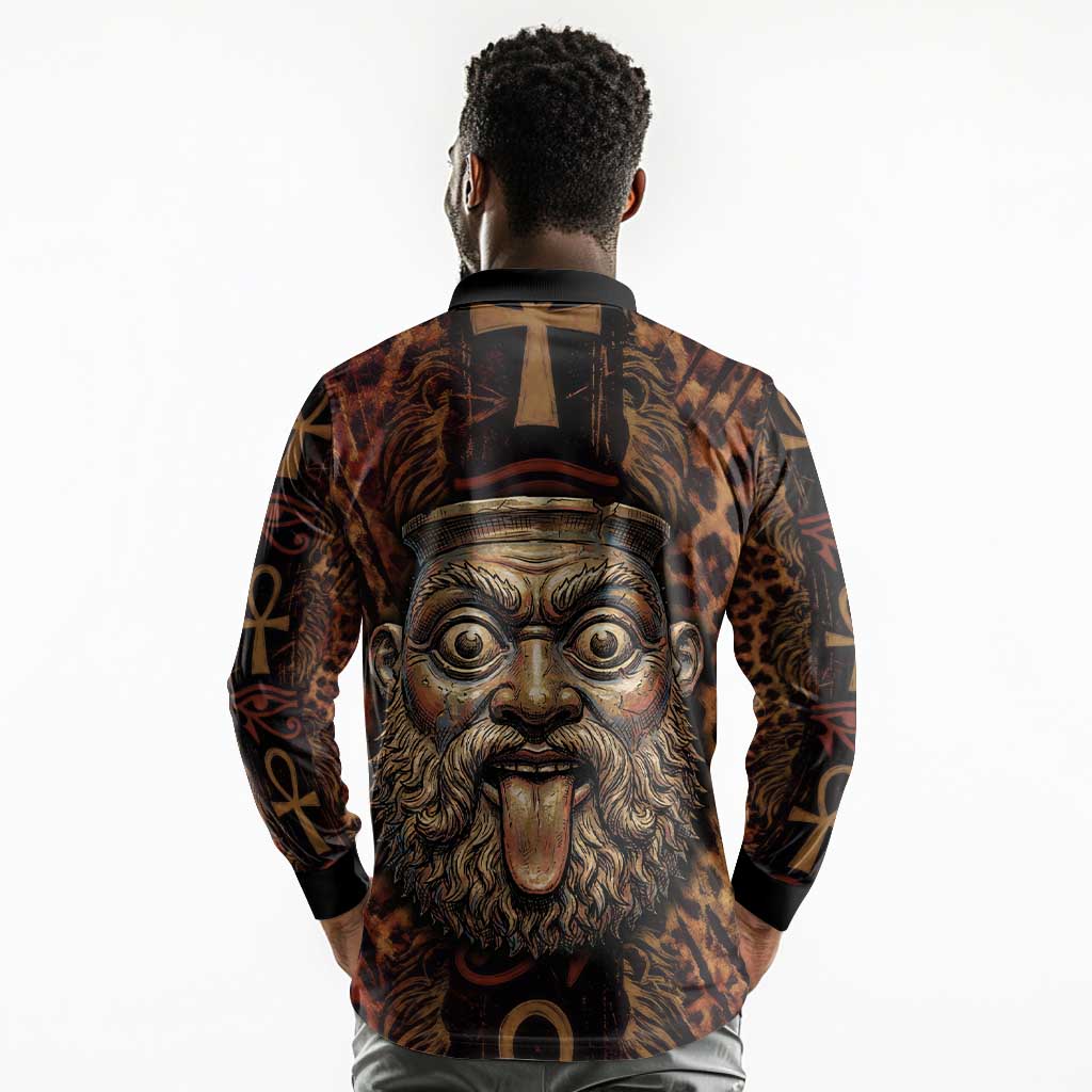 Bes Ancient Egyptian Long Sleeve Polo Shirt with Leopard Print Ankh and Eye of Horus Egyptian Deity Tribute - Wonder Print Shop