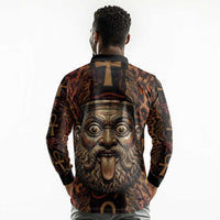 Bes Ancient Egyptian Long Sleeve Polo Shirt with Leopard Print Ankh and Eye of Horus Egyptian Deity Tribute - Wonder Print Shop