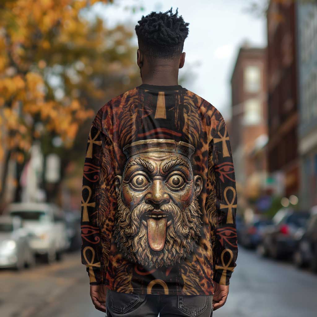 Bes Ancient Egyptian Long Sleeve Shirt with Leopard Print Ankh and Eye of Horus Egyptian Deity Tribute - Wonder Print Shop