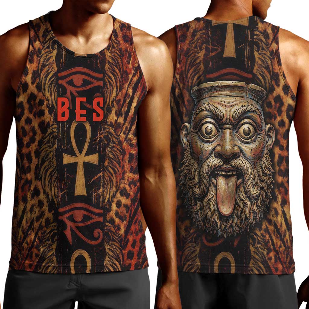 Bes Ancient Egyptian Men Tank Top with Leopard Print Ankh and Eye of Horus Egyptian Deity Tribute - Wonder Print Shop