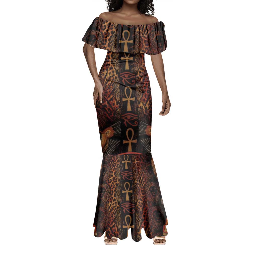Bes Ancient Egyptian Mermaid Dress with Leopard Print Ankh and Eye of Horus Egyptian Deity Tribute - Wonder Print Shop
