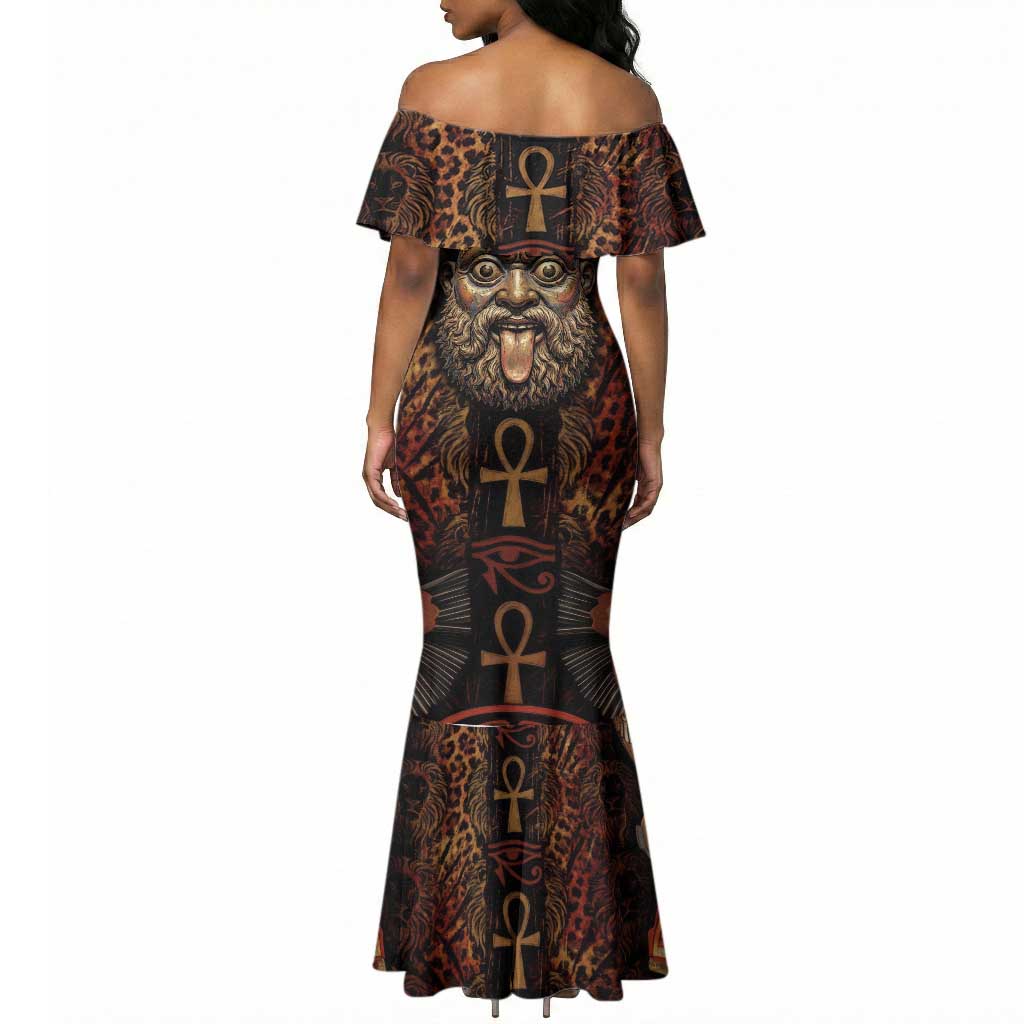 Bes Ancient Egyptian Mermaid Dress with Leopard Print Ankh and Eye of Horus Egyptian Deity Tribute - Wonder Print Shop