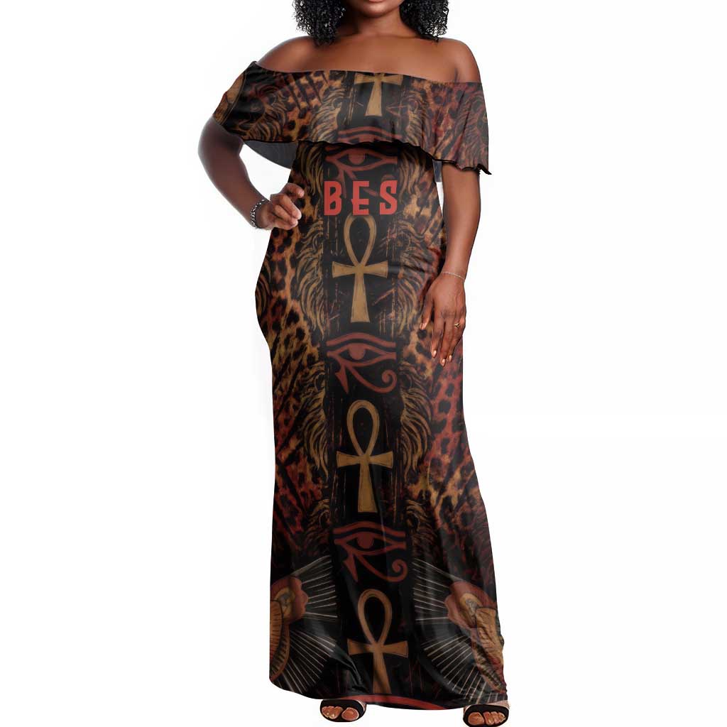 Bes Ancient Egyptian Off Shoulder Maxi Dress with Leopard Print Ankh and Eye of Horus Egyptian Deity Tribute - Wonder Print Shop