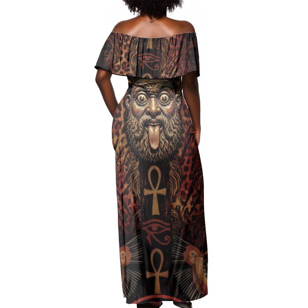 Bes Ancient Egyptian Off Shoulder Maxi Dress with Leopard Print Ankh and Eye of Horus Egyptian Deity Tribute - Wonder Print Shop