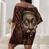 Bes Ancient Egyptian Off Shoulder Short Dress with Leopard Print Ankh and Eye of Horus Egyptian Deity Tribute - Wonder Print Shop