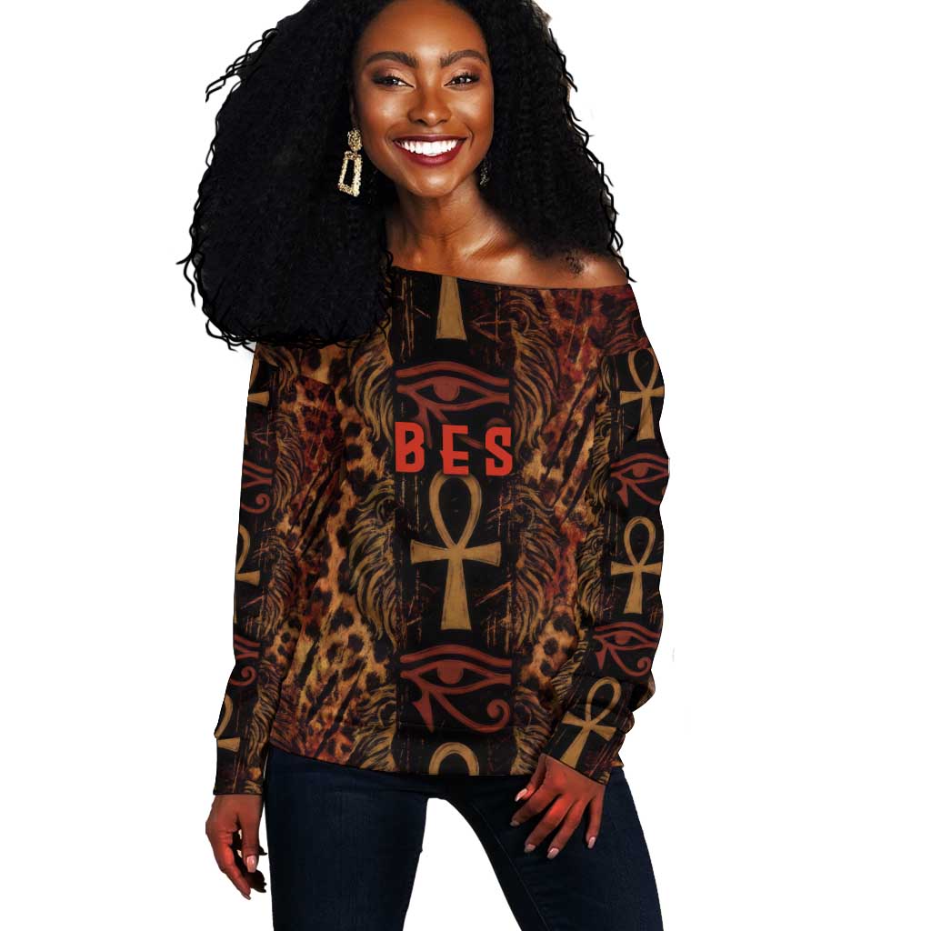 Bes Ancient Egyptian Off Shoulder Sweater with Leopard Print Ankh and Eye of Horus Egyptian Deity Tribute - Wonder Print Shop