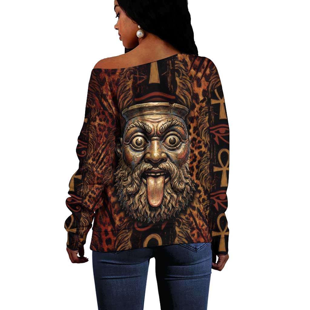 Bes Ancient Egyptian Off Shoulder Sweater with Leopard Print Ankh and Eye of Horus Egyptian Deity Tribute - Wonder Print Shop