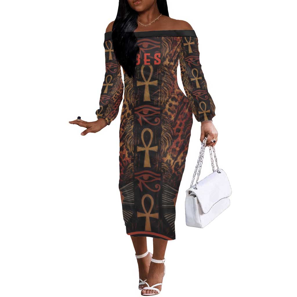 Bes Ancient Egyptian Off The Shoulder Long Sleeve Dress with Leopard Print Ankh and Eye of Horus Egyptian Deity Tribute - Wonder Print Shop