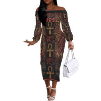 Bes Ancient Egyptian Off The Shoulder Long Sleeve Dress with Leopard Print Ankh and Eye of Horus Egyptian Deity Tribute - Wonder Print Shop