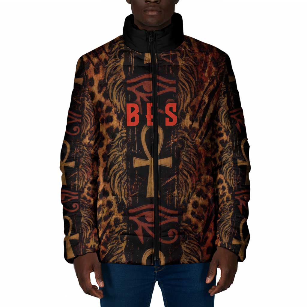 Bes Ancient Egyptian Padded Jacket with Leopard Print Ankh and Eye of Horus Egyptian Deity Tribute - Wonder Print Shop