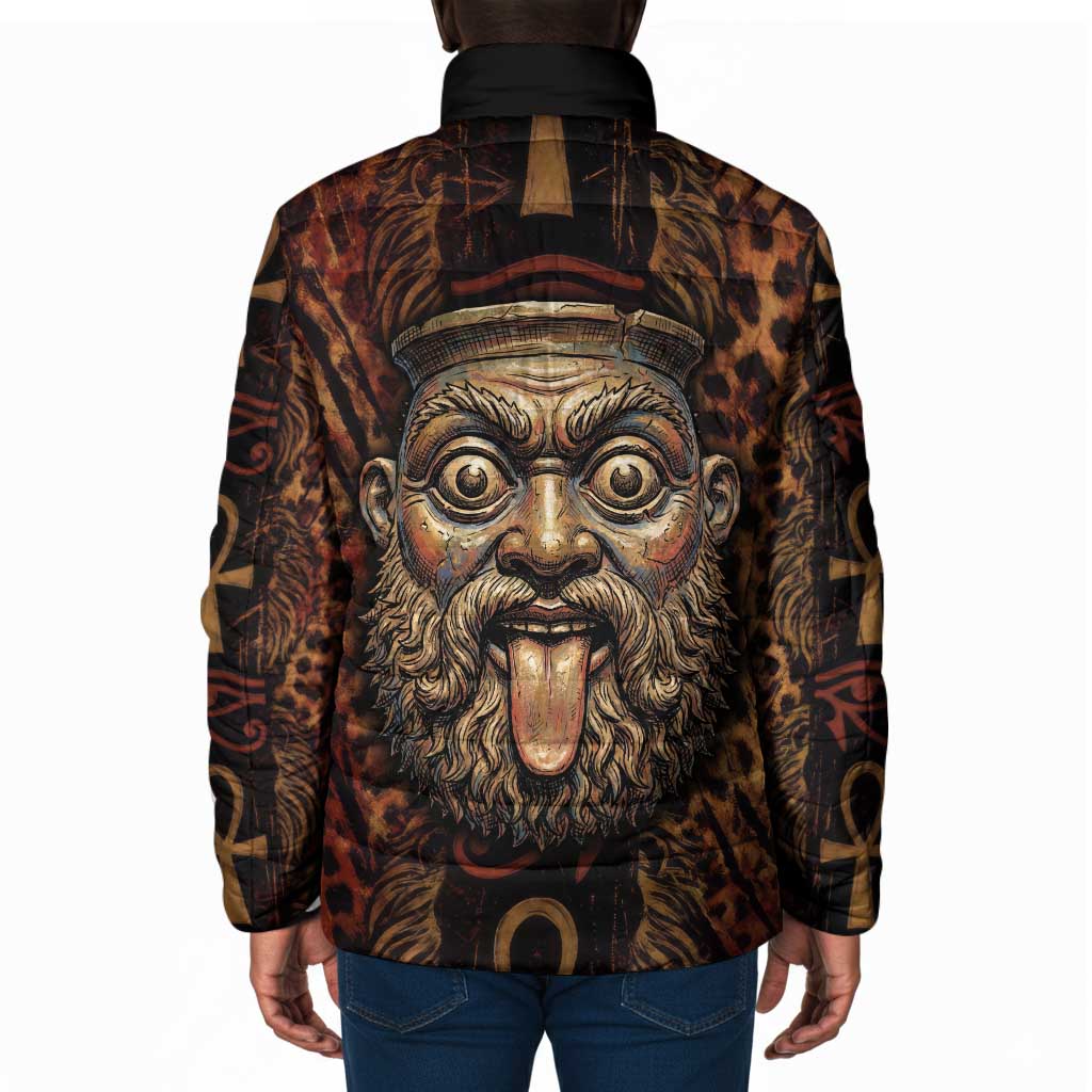 Bes Ancient Egyptian Padded Jacket with Leopard Print Ankh and Eye of Horus Egyptian Deity Tribute - Wonder Print Shop