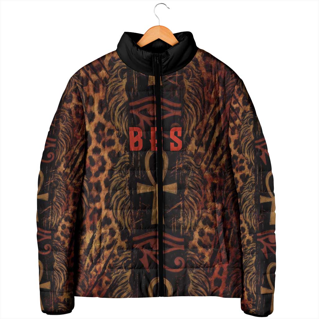 Bes Ancient Egyptian Padded Jacket with Leopard Print Ankh and Eye of Horus Egyptian Deity Tribute - Wonder Print Shop